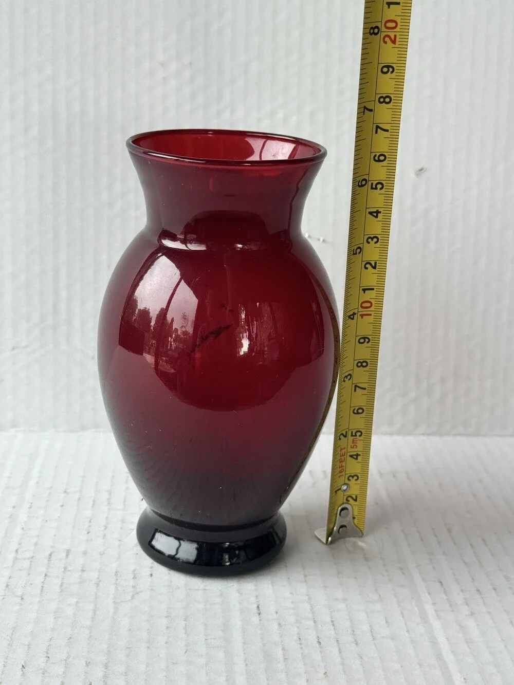 Vintage Ruby Red Art Glass Vase Black Ombre Footed Flared Rim 6.5”